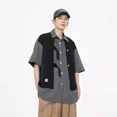 敦煌博物馆 美式潮流假两件拼色宽松百搭通勤休闲百搭短袖衬衫 男女同款