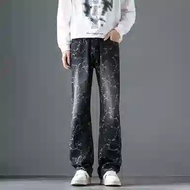 尘映 美式高街潮牌痞帅休闲宽松直筒牛仔裤 男女同款 黑灰