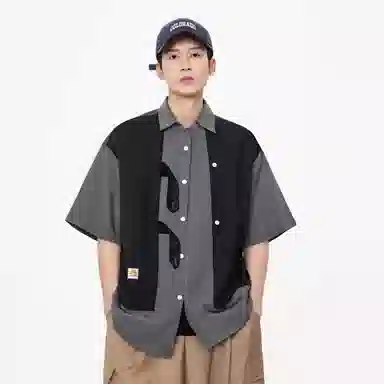 敦煌博物馆 美式潮流假两件拼色宽松百搭通勤休闲百搭短袖衬衫 男女同款