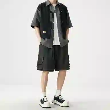 敦煌博物馆 美式潮流假两件拼色宽松百搭通勤休闲百搭短袖衬衫 男女同款