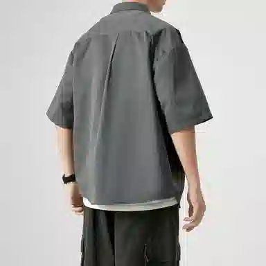 敦煌博物馆 美式潮流假两件拼色宽松百搭通勤休闲百搭短袖衬衫 男女同款