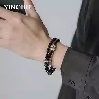 【999足银】 银千惠 心宁长乐 新中式国潮六字箴言双层弹力绳串珠 纯银精工转运珠能量石 可调节绕指柔盘玩把玩念珠 黑曜石 手串 男款