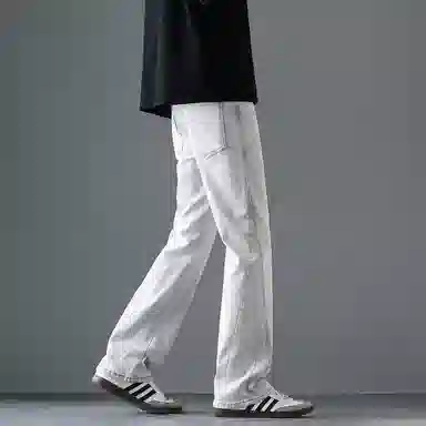 尘映 美式街头设计弹力潮牌痞帅裤子休闲宽松微阔腿牛仔裤 男女同款