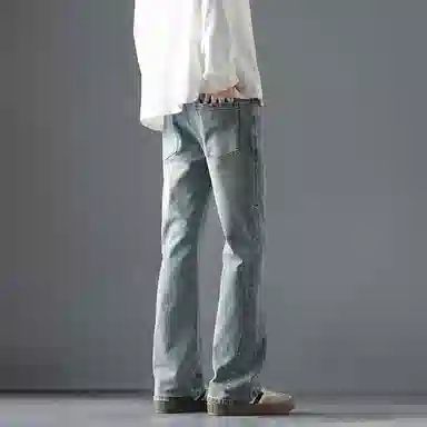 尘映 美式街头设计弹力潮牌痞帅裤子休闲宽松微阔腿牛仔裤 男女同款