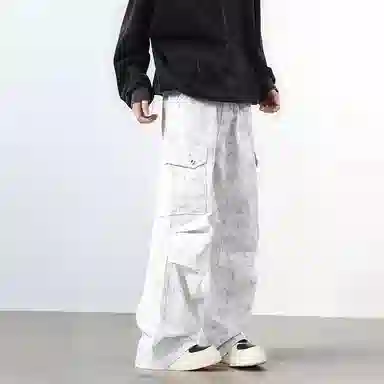 羽浅 美式扎染高街宽松潮牌休闲裤 男女同款 白色