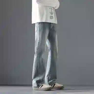 尘映 美式街头设计弹力潮牌痞帅裤子休闲宽松微阔腿牛仔裤 男女同款