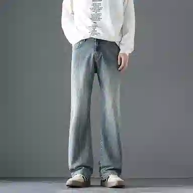 尘映 美式街头设计弹力潮牌痞帅裤子休闲宽松微阔腿牛仔裤 男女同款