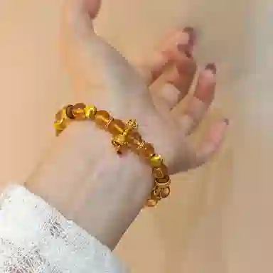 金杰福 五行招财冰裂鱼子纹佛塔宝石天然 黄水晶 手串 女款