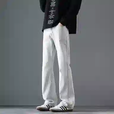 尘映 美式街头设计弹力潮牌痞帅裤子休闲宽松微阔腿牛仔裤 男女同款