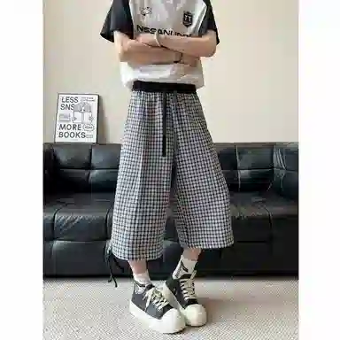 臣目 美式复古蓝色格子七分裤男夏季宽松慵懒风休闲短裤直筒阔腿裤短裤 男款