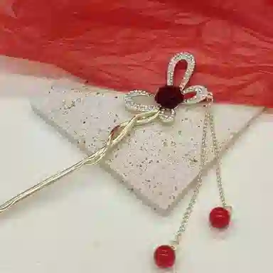 指尖瑰宝 玫瑰蝴蝶流苏步摇发饰 简约高级 将玫瑰藏于脑后 期盼与你奔赴 合金 发簪 女款