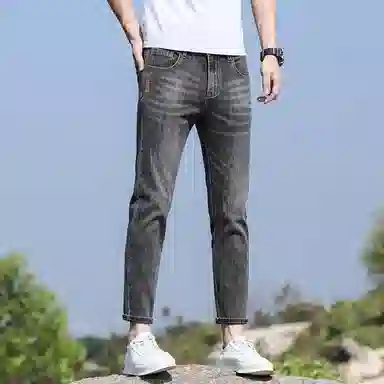 羽浅 弹力小直角休闲修身九分潮牌牛仔裤 男女同款 烟灰色