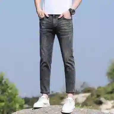 羽浅 弹力小直角休闲修身九分潮牌牛仔裤 男女同款 烟灰色