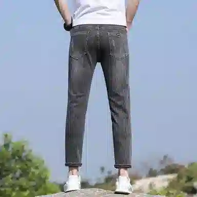 羽浅 弹力小直角休闲修身九分潮牌牛仔裤 男女同款 烟灰色