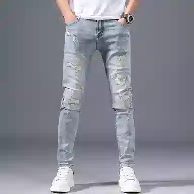 吉肯蒂 浅色破洞修身小脚牛仔裤 男款
