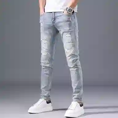 吉肯蒂 浅色破洞修身小脚牛仔裤 男款