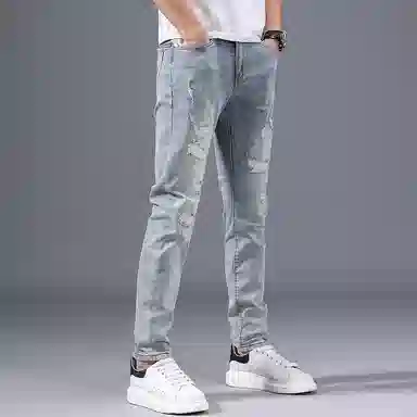 吉肯蒂 浅色破洞修身小脚牛仔裤 男款
