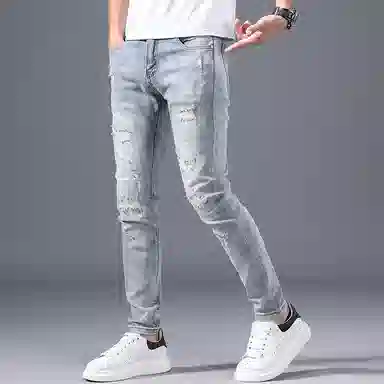 吉肯蒂 浅色破洞修身小脚牛仔裤 男款