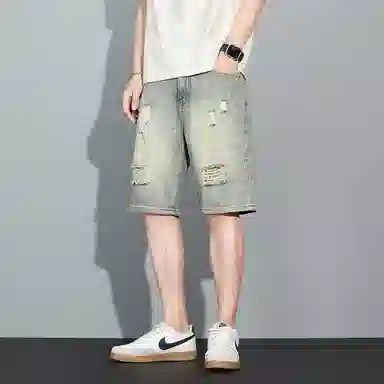 羽浅 薄款五分裤破洞休闲韩版百搭透气直筒牛仔短裤 男款