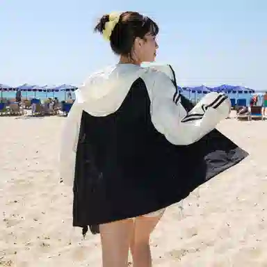 黑恐龙 轻薄透气宽松百搭休闲户外运动登山连帽拼接条纹连帽长袖防晒服 男女同款