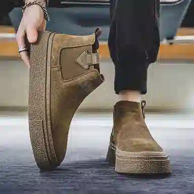 威世米邦 牛反绒 厚底百搭潮流复古英伦风一脚蹬户外雪地加绒保暖 短筒 切尔西靴 中跟 男款