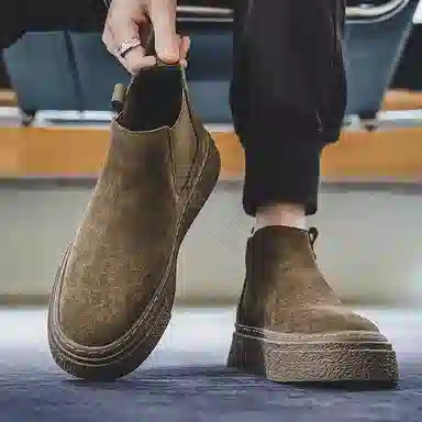 威世米邦 牛反绒 厚底百搭潮流复古英伦风一脚蹬户外雪地加绒保暖 短筒 切尔西靴 中跟 男款