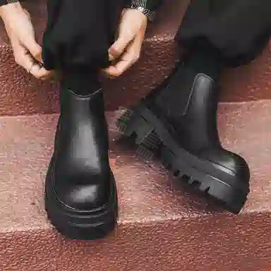 威世米邦 超纤皮 一脚蹬百搭 短筒 切尔西靴 中跟 男款 黑色