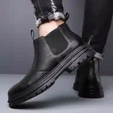 刺桐先生 二层牛皮 复古商务休闲耐磨防滑百搭 及踝 切尔西靴 男款 黑色