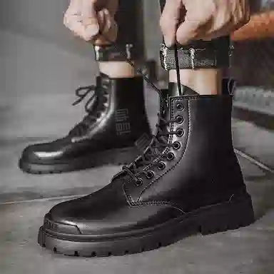 敦奴 牛皮革 高颜值百搭 户外工装靴 简约时尚 百搭潮流 舒适 厚底圆头 短筒 马丁靴  男女同款 黑色