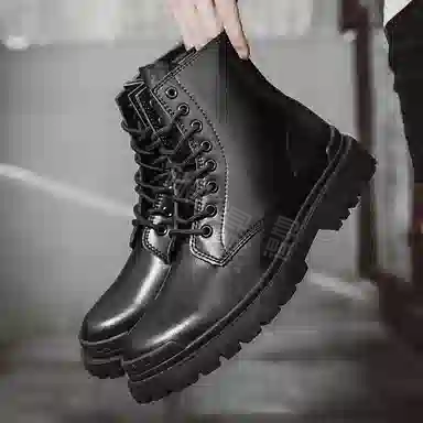 敦奴 牛皮革 高颜值百搭 户外工装靴 简约时尚 百搭潮流 舒适 厚底圆头 短筒 马丁靴  男女同款 黑色