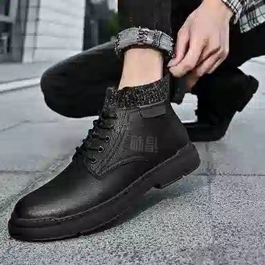依米奴 牛皮 秋冬靴子男款 经典复古 百搭潮流时尚工装出行 保暖耐磨  短筒 马丁靴