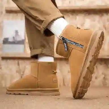 木林森 牛剖层革 保暖防滑 加绒加厚 经典百搭 短筒 雪地靴 男款