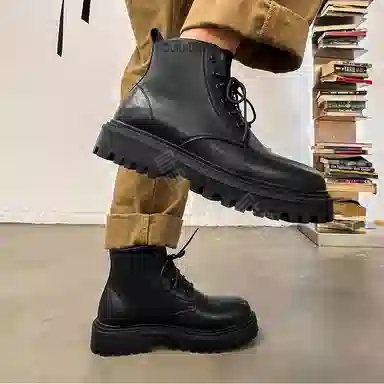 敦奴 头层牛皮 英伦复古 厚底 显瘦百搭 短靴 男款 黑色