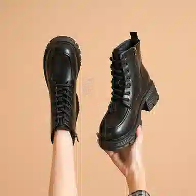 华耐 合成革 厚底时尚百搭工装 短筒 马丁靴 女款 黑色
