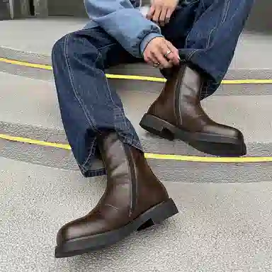 威世米邦 厚底小众高级感美式复古侧拉链 短靴 男女同款 棕色