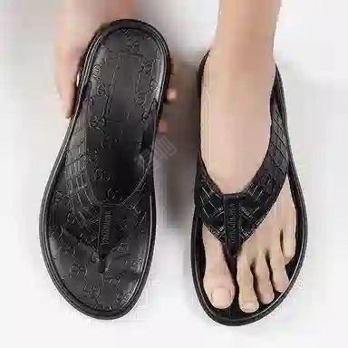 依米奴 高颜值 户外家居 真皮年轻 舒适柔软耐折 时尚潮流 雅痞帅气 真皮质感 百搭 不累脚 黑武士 橡胶底 绣花 防磨人字拖鞋 男款 黑色
