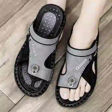 潮泽 休闲百搭外穿潮流 橡胶底 车缝线 防磨人字拖鞋 男款