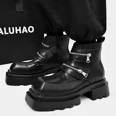 燃启 超纤皮 方头烟筒靴 发型师 短靴 男款 黑色