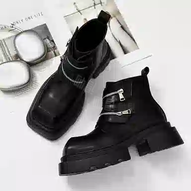 燃启 超纤皮 方头烟筒靴 发型师 短靴 男款 黑色