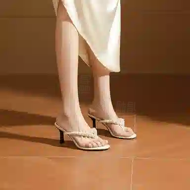 浪莎 时尚气质 珍珠高跟百搭人字拖鞋 女