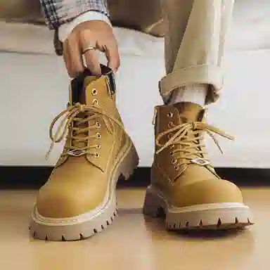 马丁靴男女同款情侣短靴 增高大黄靴 英伦风侧拉链户外登山工装靴