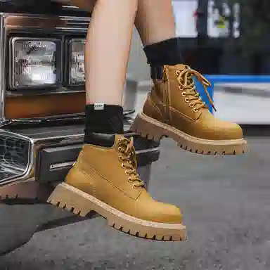 马丁靴男女同款情侣短靴 增高大黄靴 英伦风侧拉链户外登山工装靴