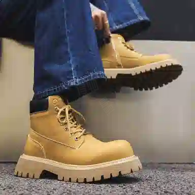 马丁靴男女同款情侣短靴 增高大黄靴 英伦风侧拉链户外登山工装靴