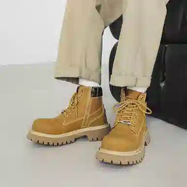马丁靴男女同款情侣短靴 增高大黄靴 英伦风侧拉链户外登山工装靴