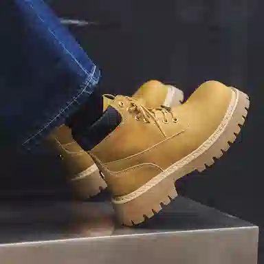 马丁靴男女同款情侣短靴 增高大黄靴 英伦风侧拉链户外登山工装靴