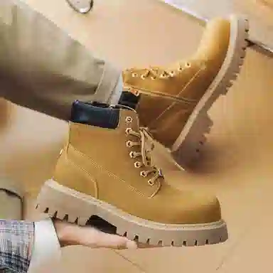 马丁靴男女同款情侣短靴 增高大黄靴 英伦风侧拉链户外登山工装靴