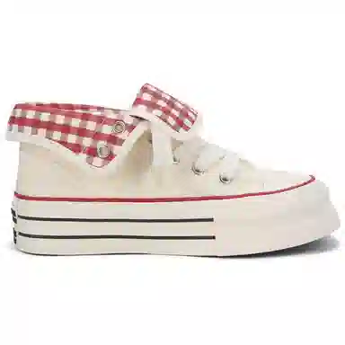 韩系小众百搭翻边格纹学院风舒适轻便防滑休闲运动两穿 耐磨增高减震 高帮 帆布鞋 女款