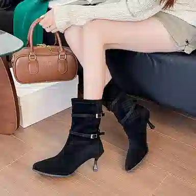 绒面 时尚尖头小个子法式复古尖头百搭气质高跟长靴 短靴 女款