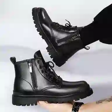 二层牛皮 通勤百搭耐磨防滑小个子厚底增高工装户外 中筒 马丁靴 男款