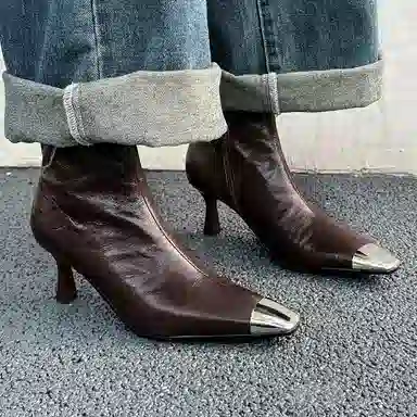 羊皮 法式金属拼色方头休闲时尚潮流 短靴 女款